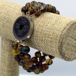 CHINESE 3-STRAND AGATE AND COIN BRACELET